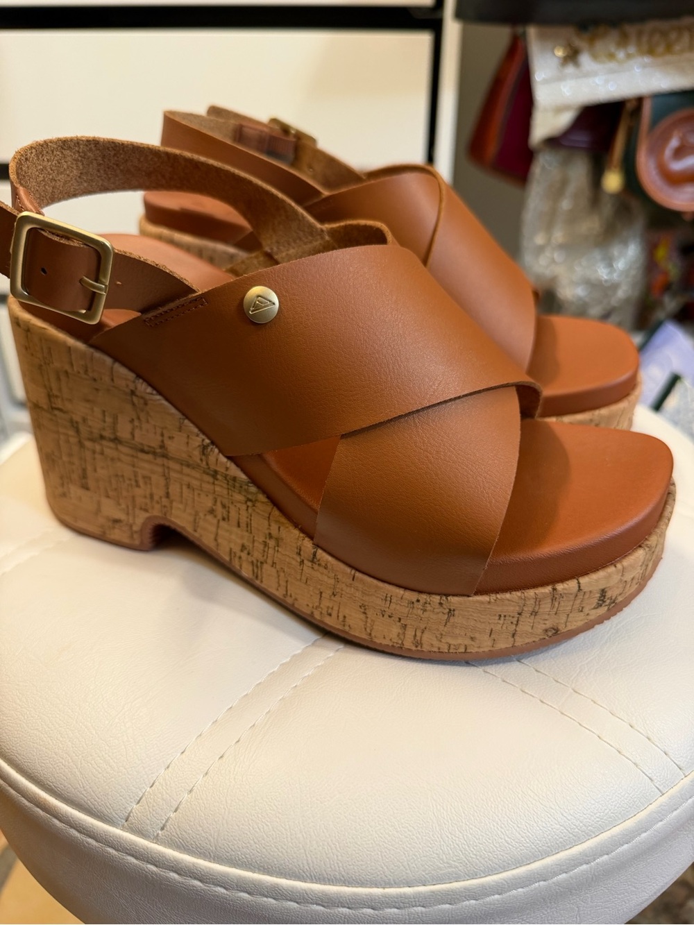 REEF Sunset Rosa Cognac Cork Platform Wedge Sandals Size 7 NWOT